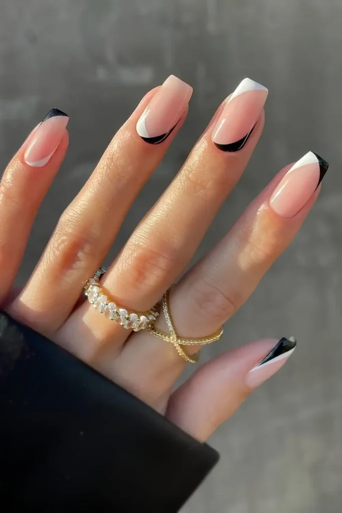 White and Black Reverse French Nails