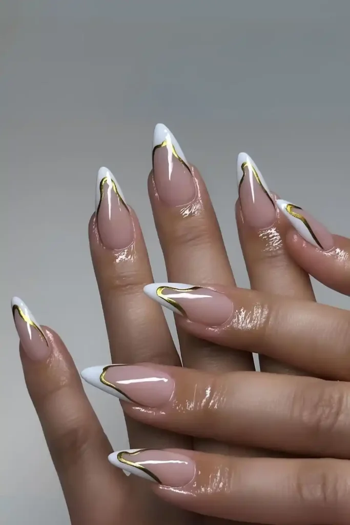 White and Gold Abstract French Nails With a Trendy Twist