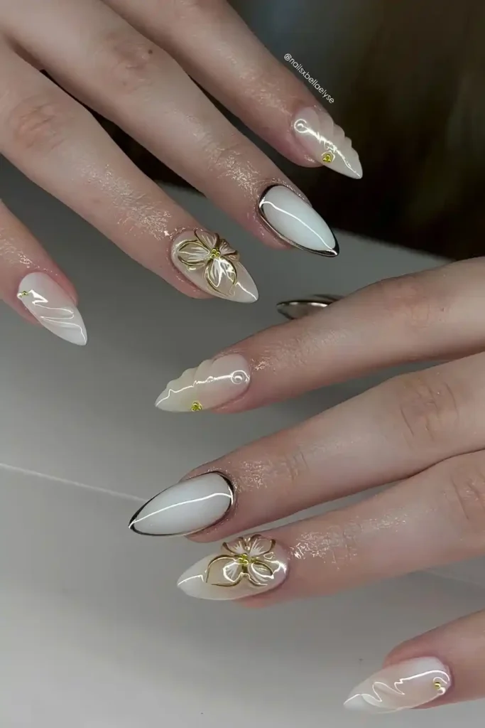 White and Gold Floral Nails That Never Go Out of Style