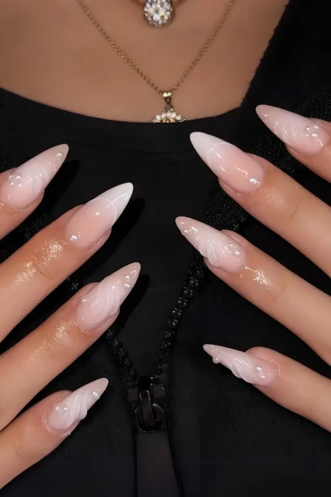 White Cat Eye Nails With Chrome Bows and Stars for a Glamorous Style