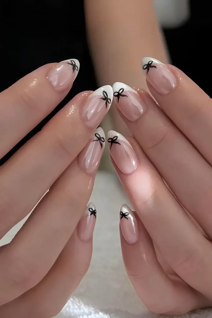 White Chrome French Nails With Bows