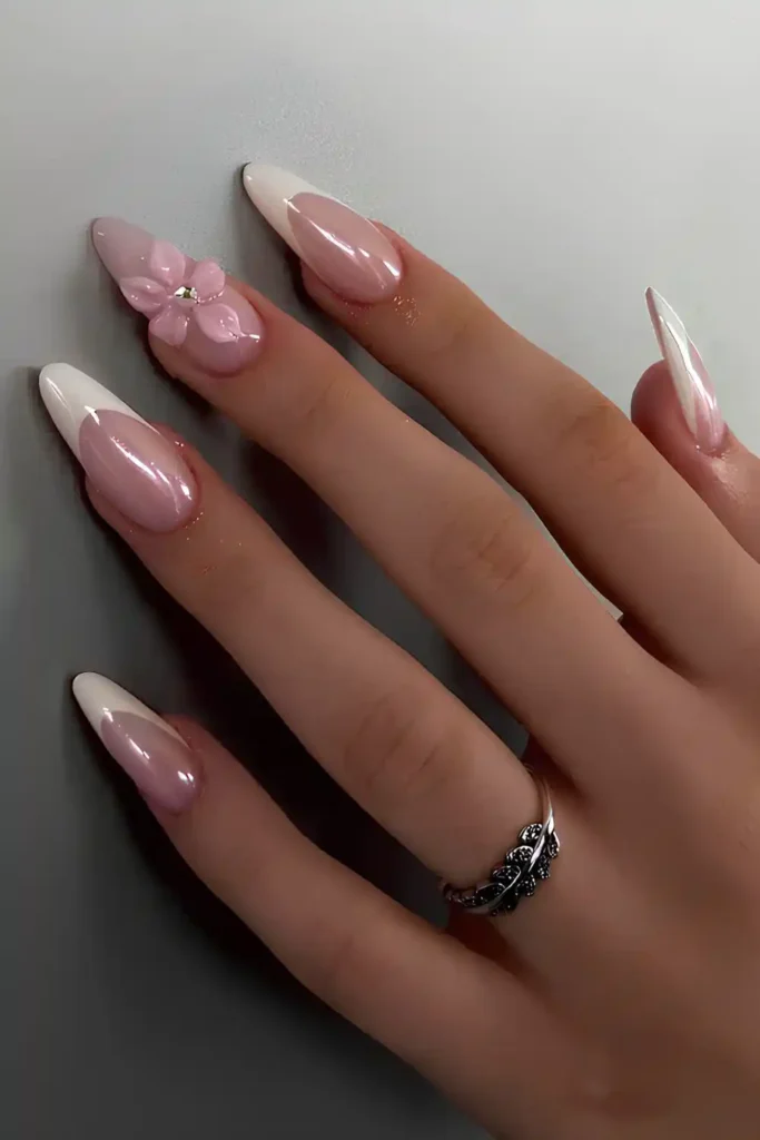 White Chrome French Nails With Textured Flowers That Feel Luxurious