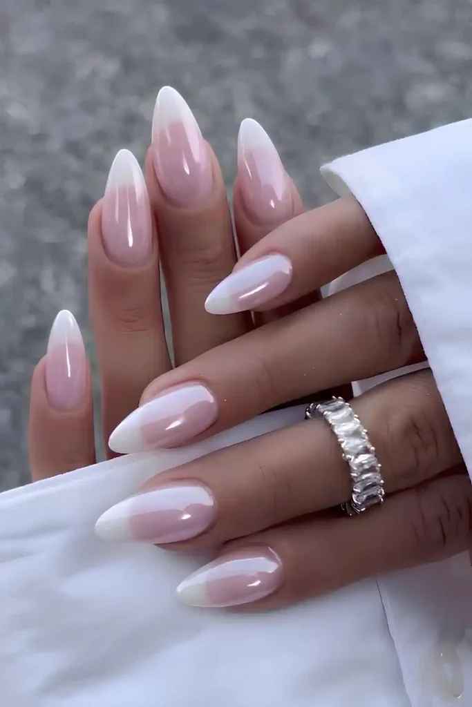 White Chrome French Tip Manicure With a Sleek Mirror Shine