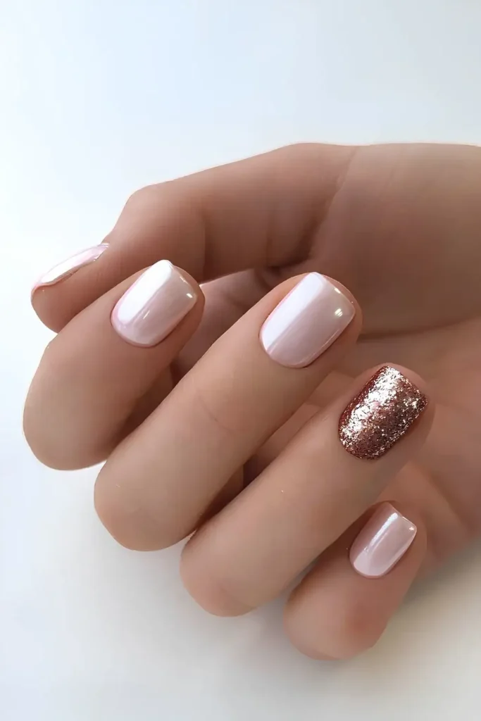 White Chrome Mani With Gold Accent Nail