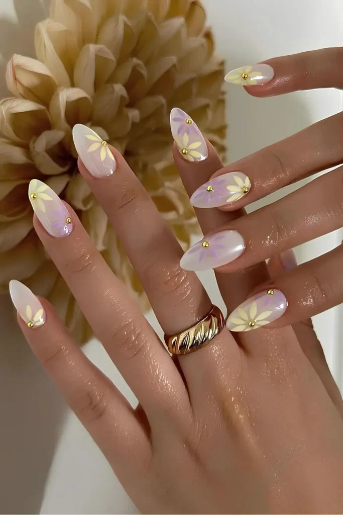 White Chrome Mani With Yellow and Purple Flowers