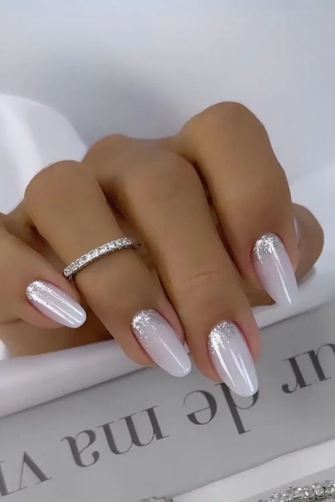 White Chrome Mani With Glitter Accent