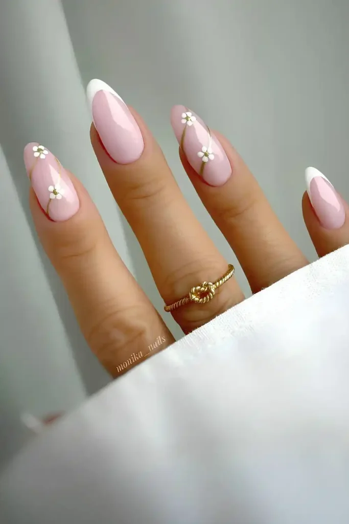White Floral French Mani on a Pink Base for a Soft Feminine Look