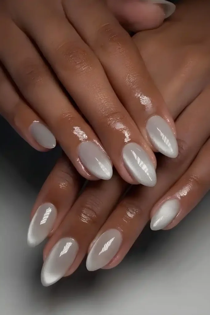 White Glass Cat Eye Nails That Glow Beautifully