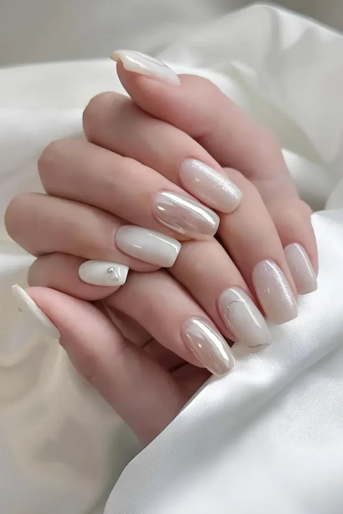 White Mani With Chrome and Glitter Accents