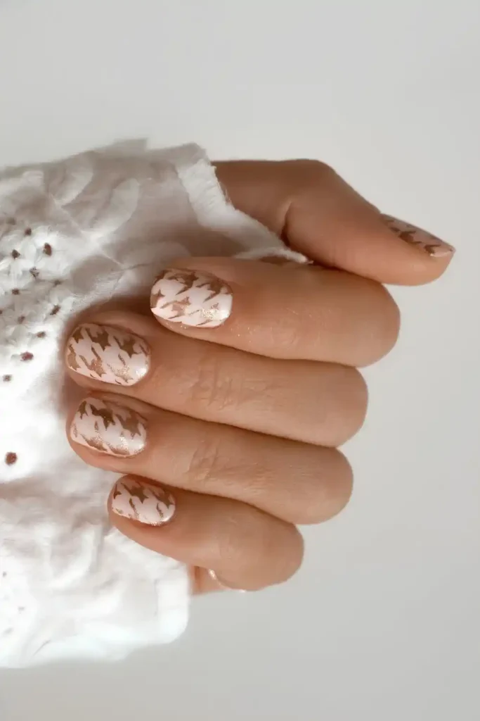 White Mani With Gold Houndstooth Accent for a Chic Designer Inspired Style