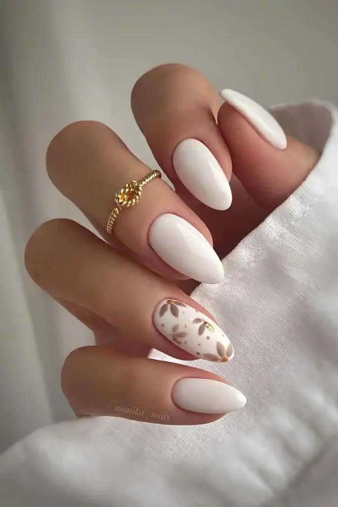 White Mani With Neutral Flower Art for an Effortlessly Elegant Look