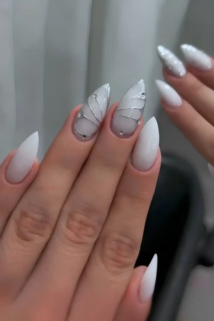 White Mani With Silver Chrome Butterfly Accents That Look Magical