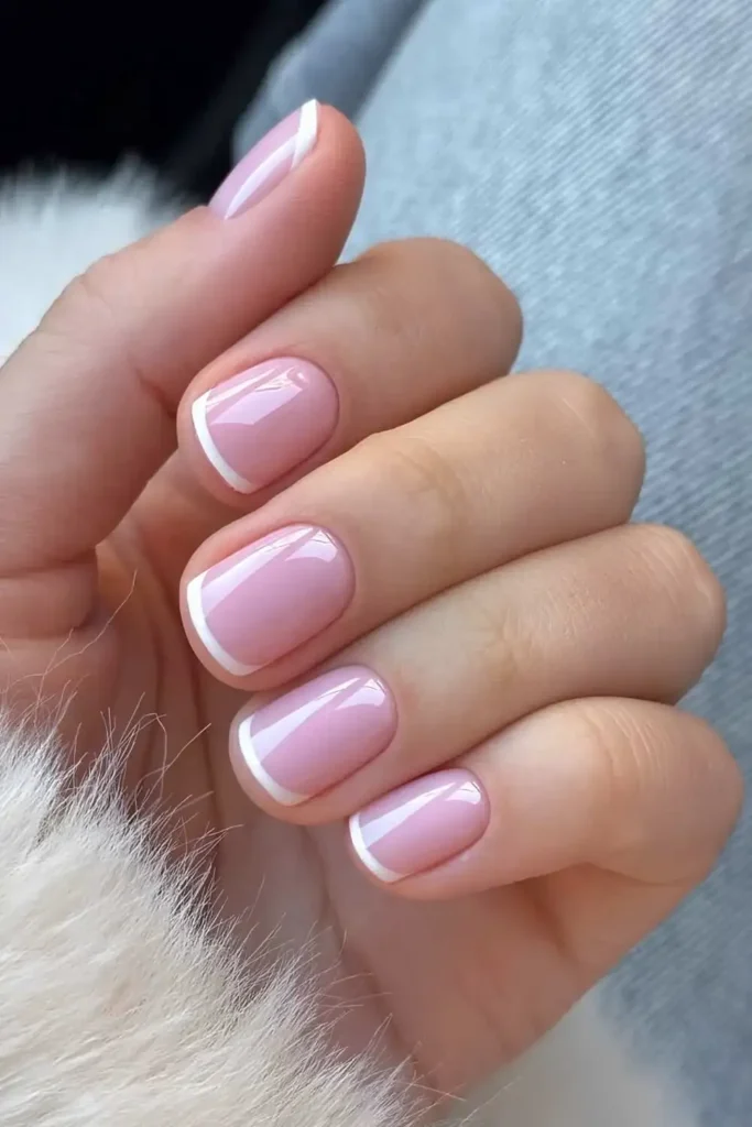 White Micro French Tip Mani on a Pink Base