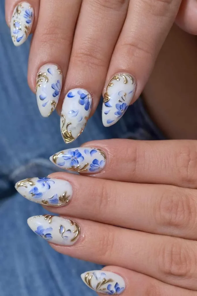 White Nails With Blue and Gold Vintage Floral Art That Looks Elegant