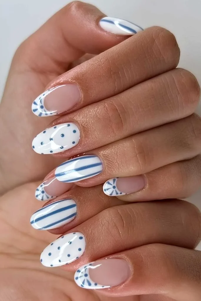White Nails With Blue Stripes and Dots That Feel Bright and Fun