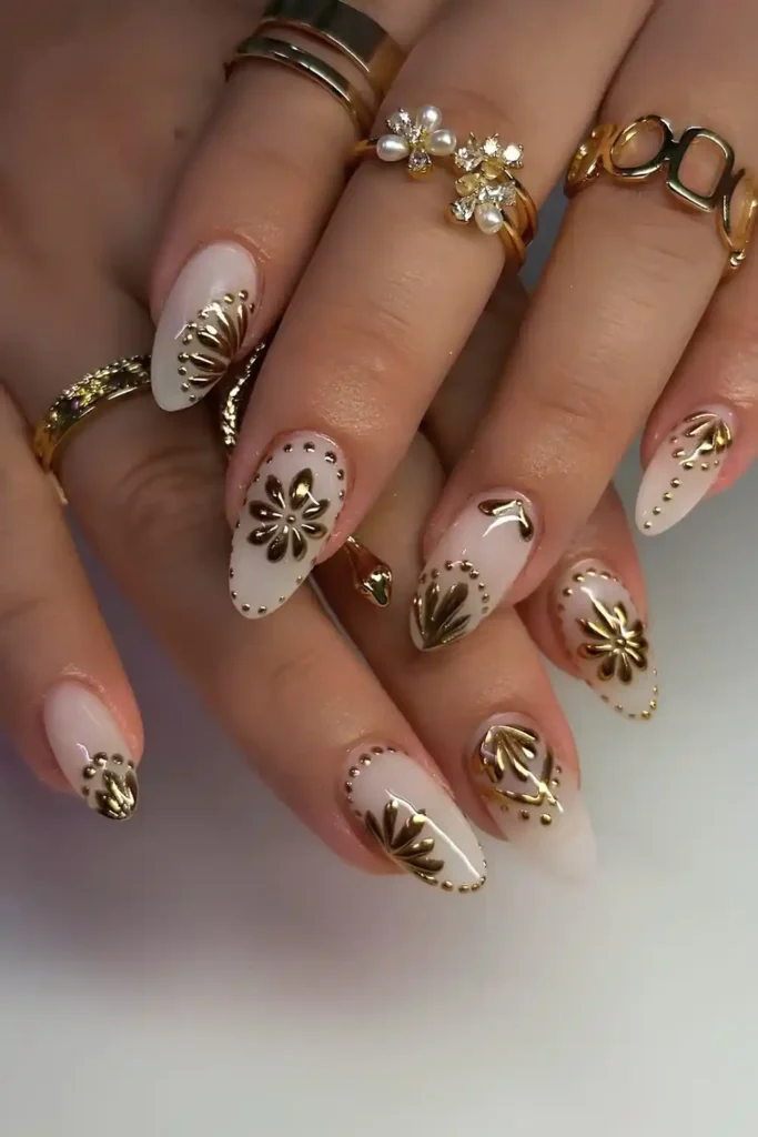 White Nails With Chrome Flowers for an Elegant Floral Look