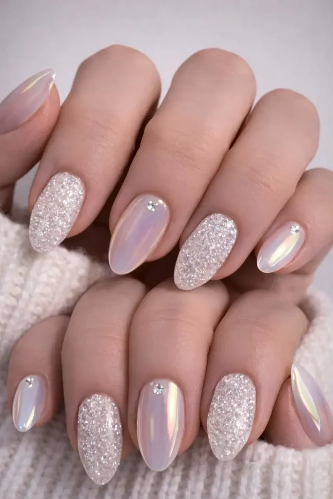 White Nails With Glitter and Chrome Finishes for a Glam Look