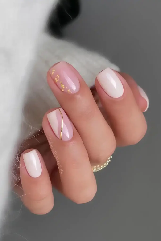 White Nails With Gold Foil and Line Accents for a Luxe Modern Finish