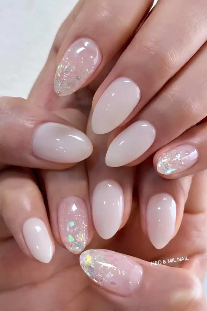 White Nails With Holographic Glitter Accents You'll Love