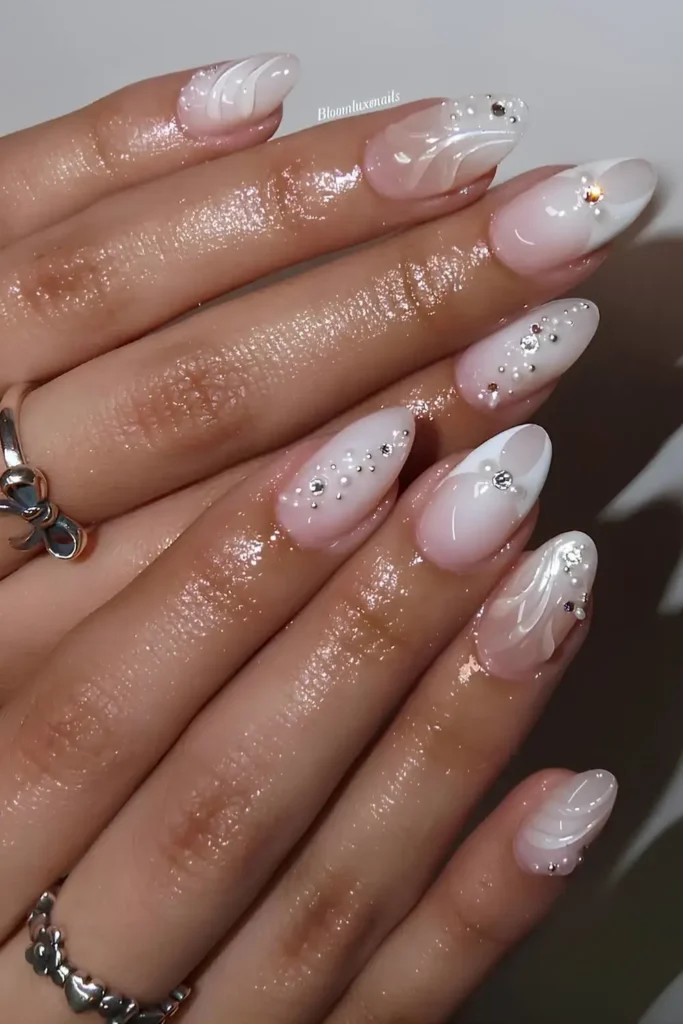 White Nails With Micro Pearls and Rhinestones for an Elegant Finish