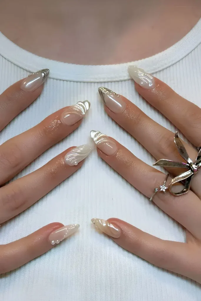White Nails With Pearls and Silver Accents That Feel Timeless