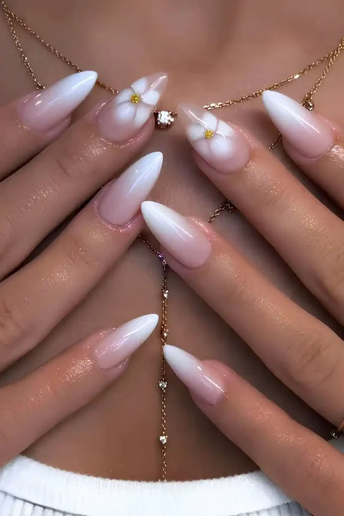 White Ombre Mani With Blooming Gel Flowers You'll Love