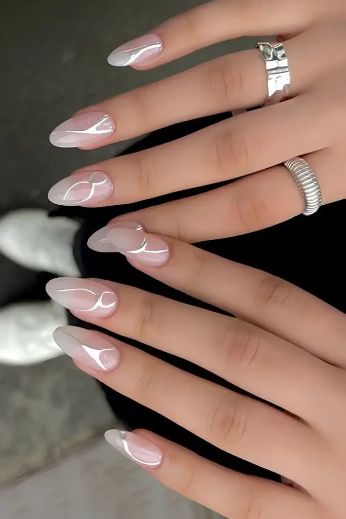 White Ombre Mani With Chrome Swirls That Shine Beautifully