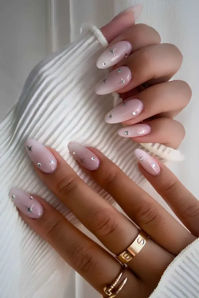 White Ombre Mani With Silver Celestial Accents That Look Magical