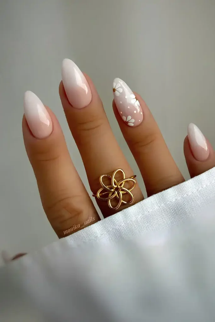 White Ombre Nails With Daisies for a Fresh Feminine Style
