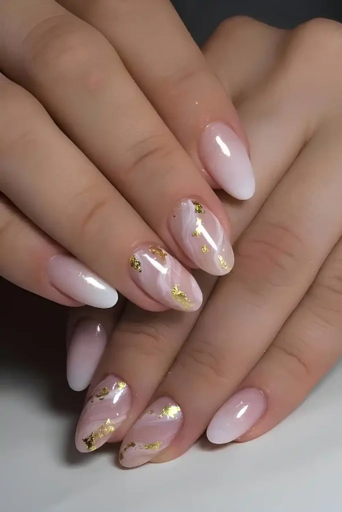 White Ombre Nails With Marble Details for a Luxurious Touch