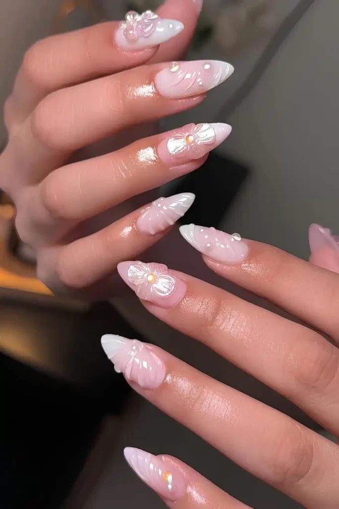 White Ombre Nails With Pearls and Shell Art for a Beach Inspired Look