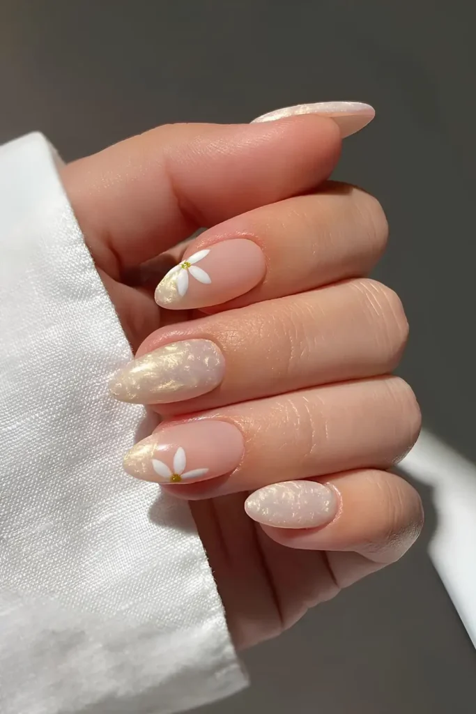 White Pearl Nails With Floral Details That Feel Timeless