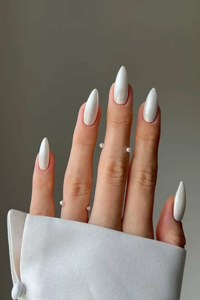 White Satin Effect Nails With a Smooth Glossy Finish