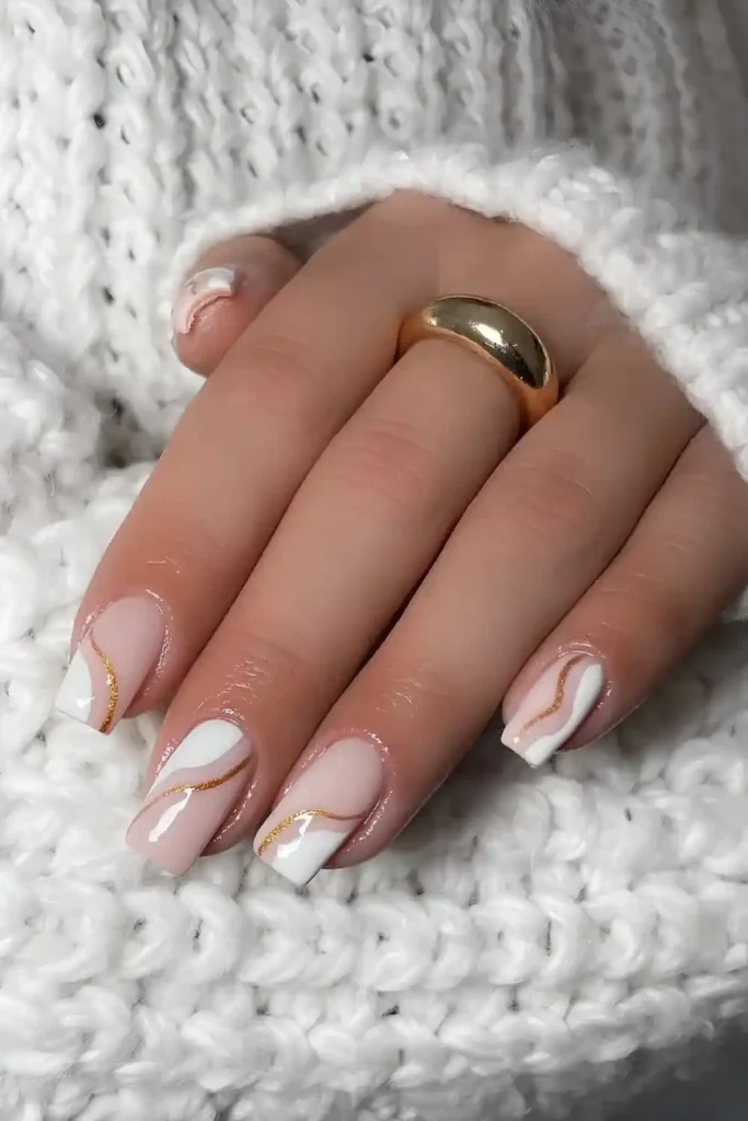 White Side French Nails With Gold Lines for a Chic Modern Style