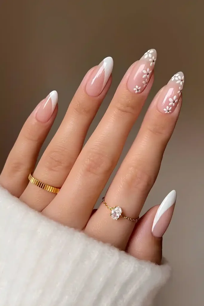 White Side French Tip Nails With Flowers for a Chic Modern Style