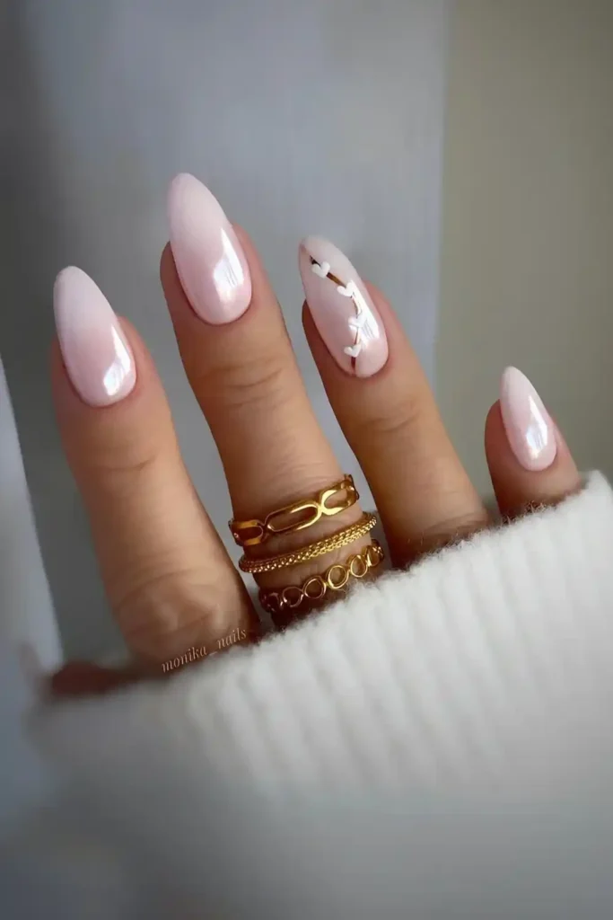 White to Pink Ombre Nails With Hearts for a Sweet Romantic Look
