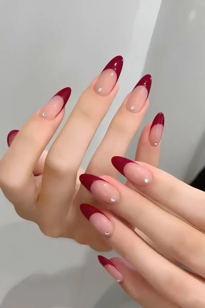 Wine Red French Nails With Rhinestones That Feel Rich and Sophisticated