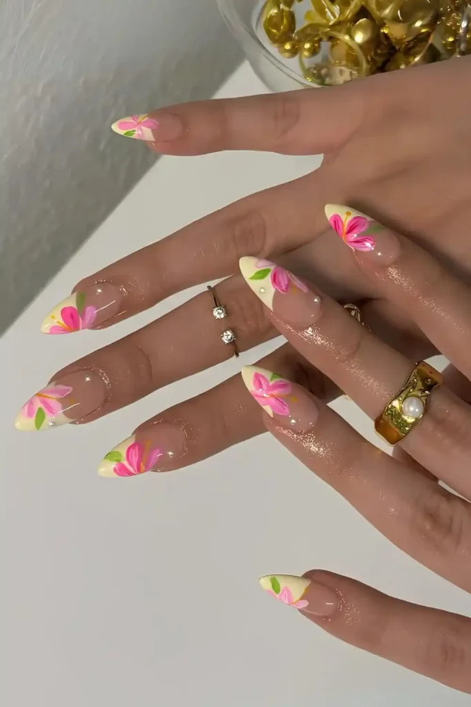 Yellow French Nails With Chunky Pink Florals That Make a Bold Statement