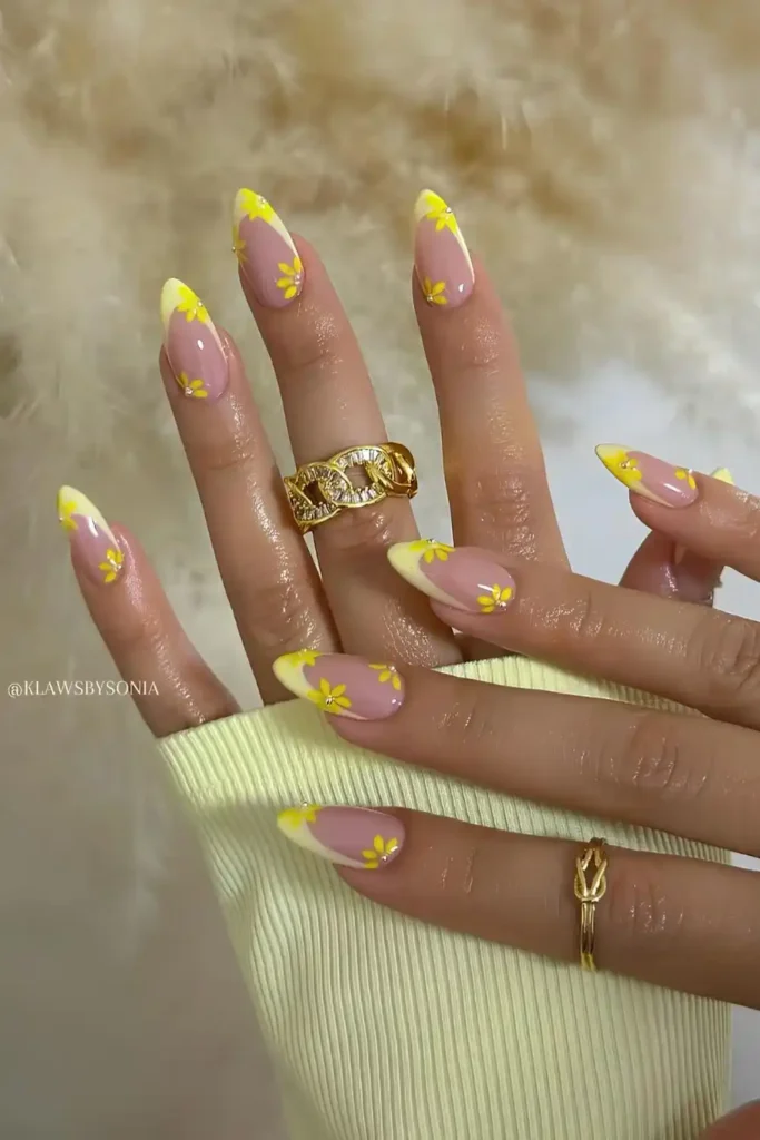 Yellow French Nails With Flowers for a Bright Cheerful Manicure