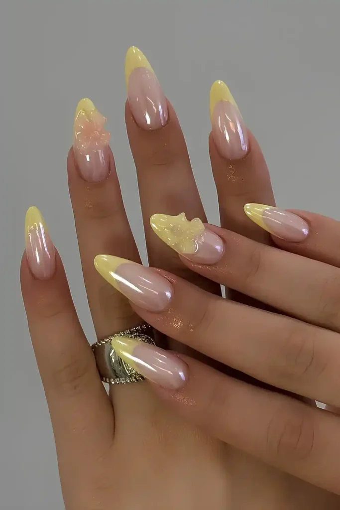 Yellow Chrome French Mani With Textured Bows for a Cute Glamorous Look
