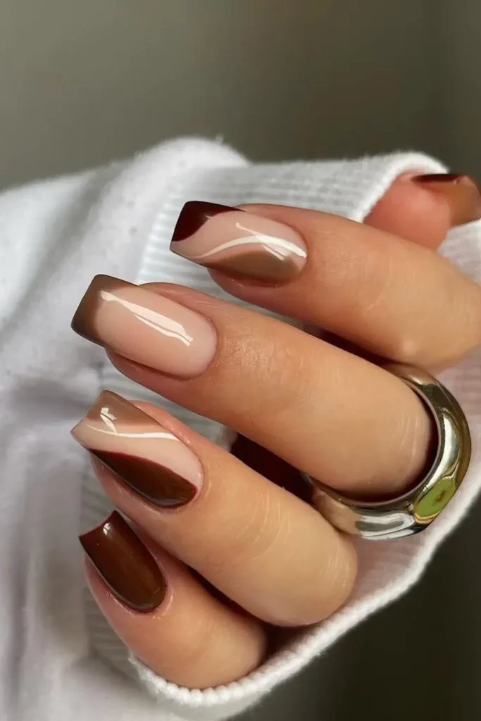 Brown Swirl Nails With an Artistic Modern Finish