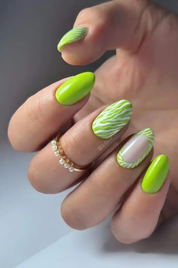 Lime Green Nails With Zebra Stripes That Turn Heads