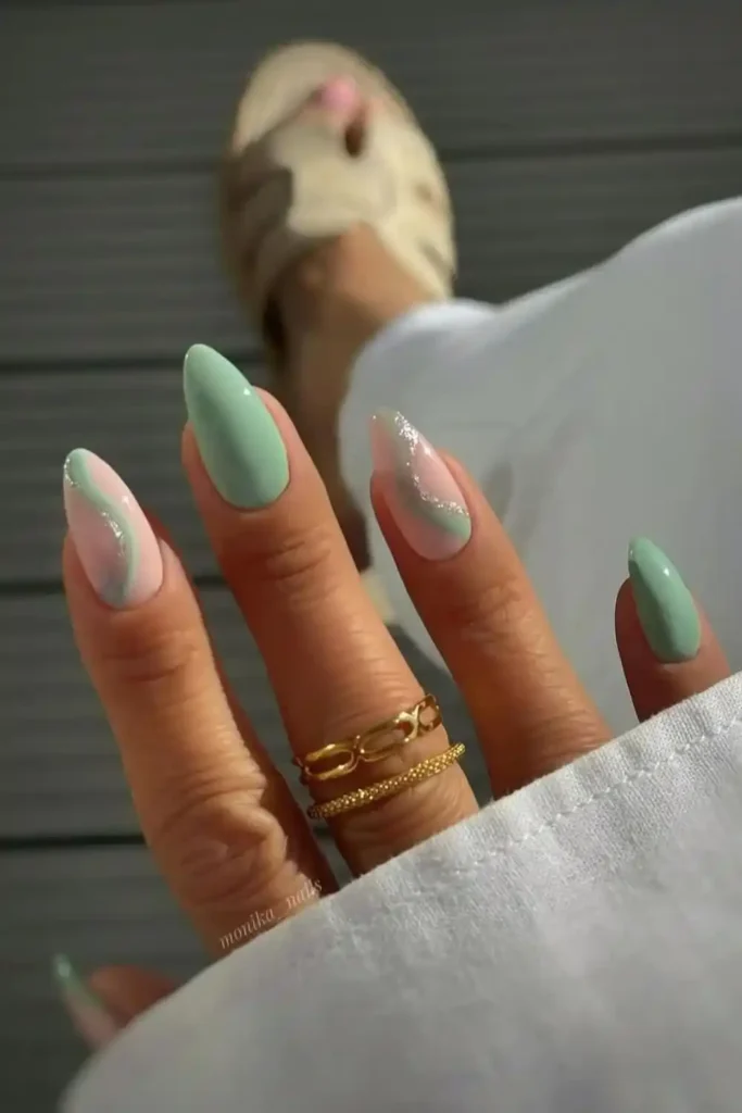 Matcha Green Swirl Nails With an Artistic Touch