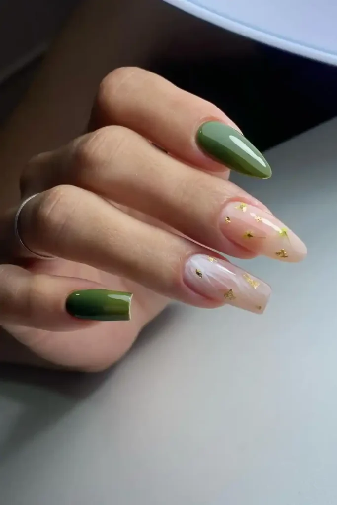 Olive Green White Marble and Gold Accents for a Luxe Manicure