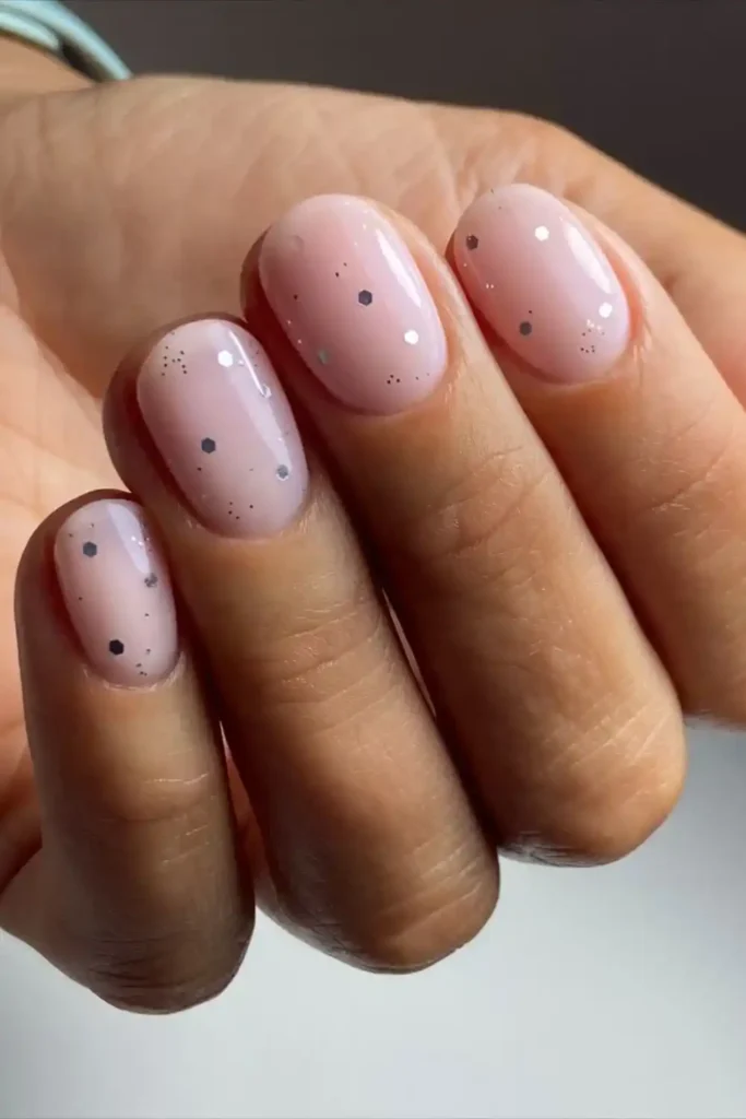 Silver Confetti on Nude Summer Nails That Sparkle Beautifully